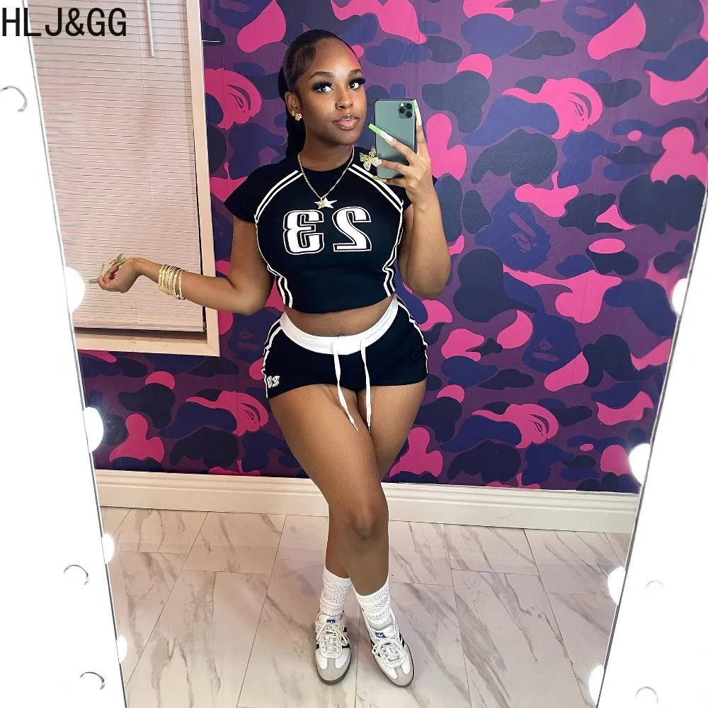 HLJ&GG Estate Nuova Lettera Stampa Pantaloncini con coulisse Set da due pezzi Donna Girocollo Manica corta Slim Crop Top e pantaloncini Abiti