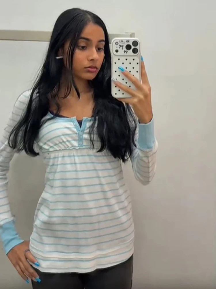 Chic Blue Neck Striped Long Sleeve Blouse Women Contrast Cuff Gathered Bust Slim Fit Top 2026 Casual Autumn Street Daily Outfit