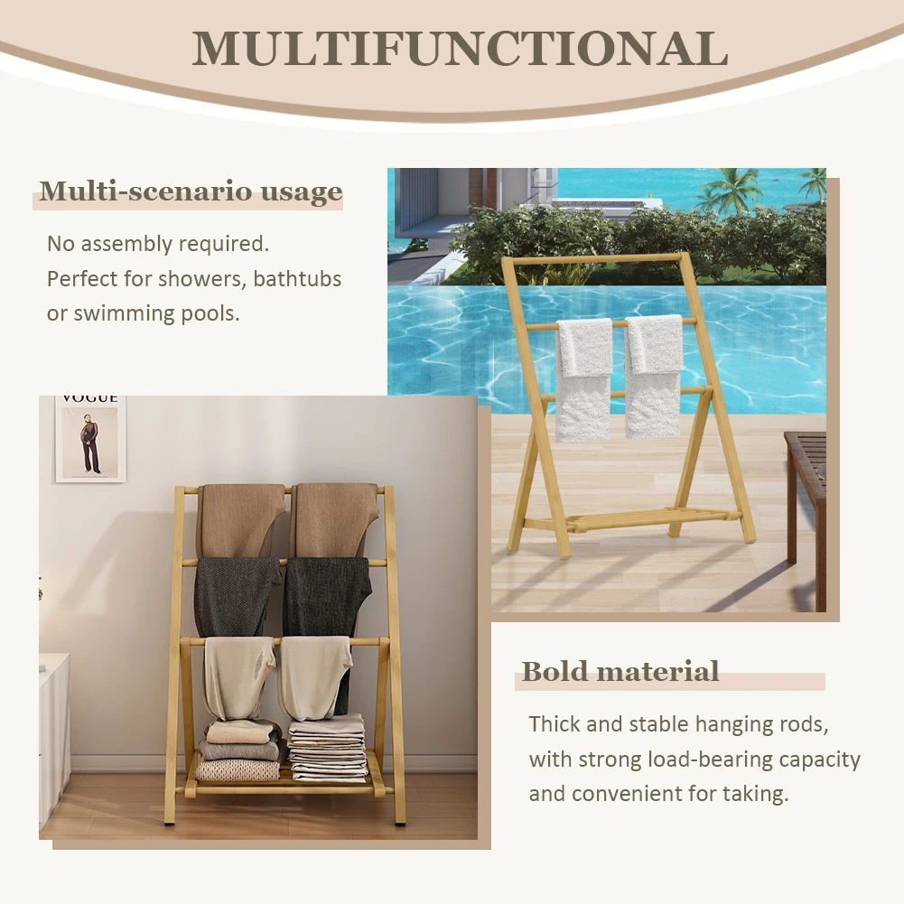 

Bamboo Floor Towel Rack with Storage Shelf Freestanding Wood Hangers Foldable Storage Shelf for Shower Bathtub Swimming Pool