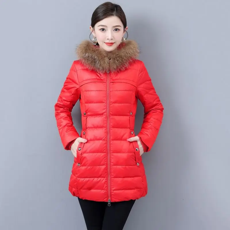 2023 Nieuwe Dames Donsjack Winterjas Dames Mid Length Versie Parkas Slim Fit Dikke Warme Bovenkleding Bontkraag Met Capuchon