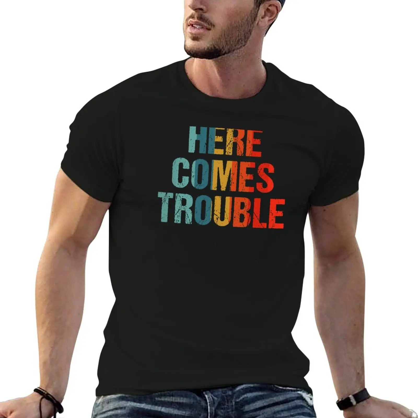 Here Comes Trouble - Retro T-Shirt t shirts for man pack white t shirts for man graphic vintage T-Shirt