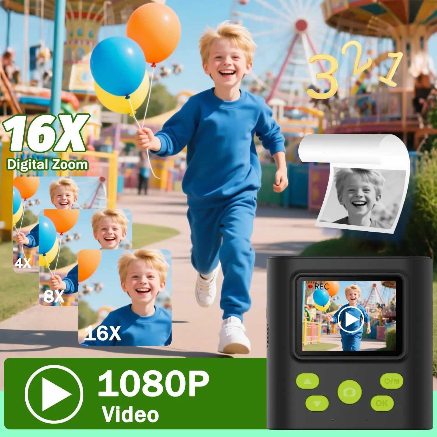 Cámara para niños con impresión instantánea, vídeo digital HD y cámara de impresión instantánea para niños, regalos de cumpleaños y Navidad, viene con tarjeta SD de 32 GB