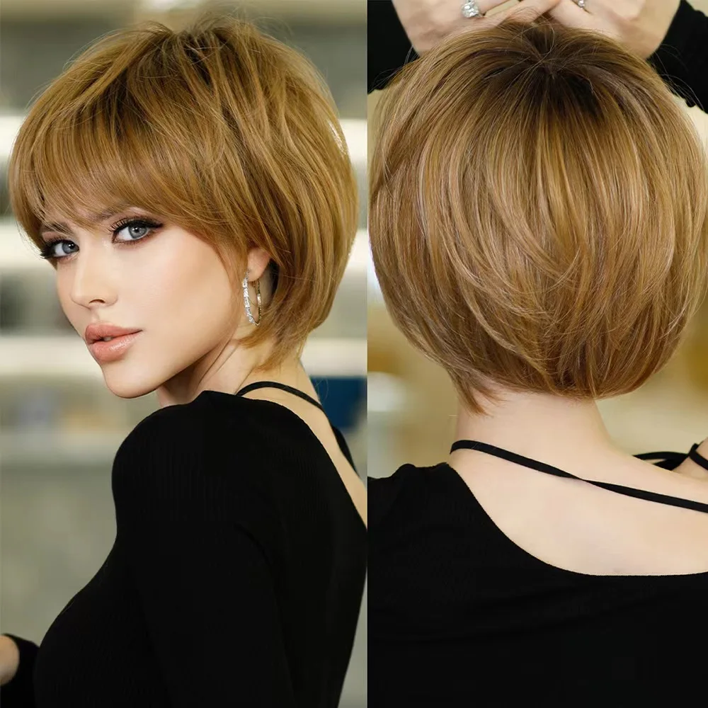 Synthetic wig brown and fashion short wig with bangs for women