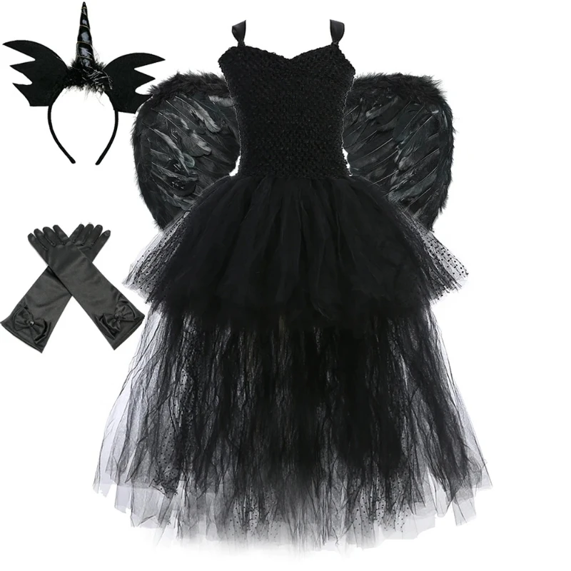 Girls' Long Devil Witch Dress, High‑Low Hem Black Angel Carnival Costume with Kids Halloween Feather Wings Accessory