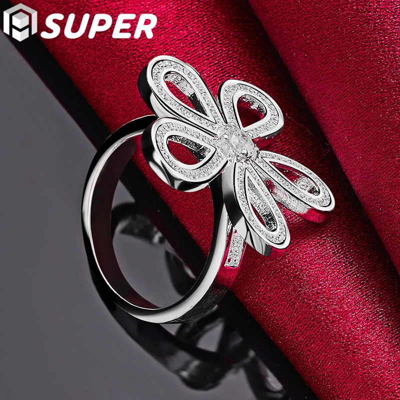 925 Sterling Silver Five Petal Big Flower Ring For Woman Man Fashion Wedding Engagement Party Gift Charm Jewelry