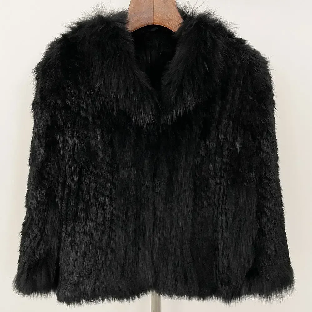 2025 femmes hiver réel manteau de fourrure de lapin col de renard naturel tricoté châle veste de fourrure 2025 hiver nouveau manteau de fourrure de lapin réel naturel