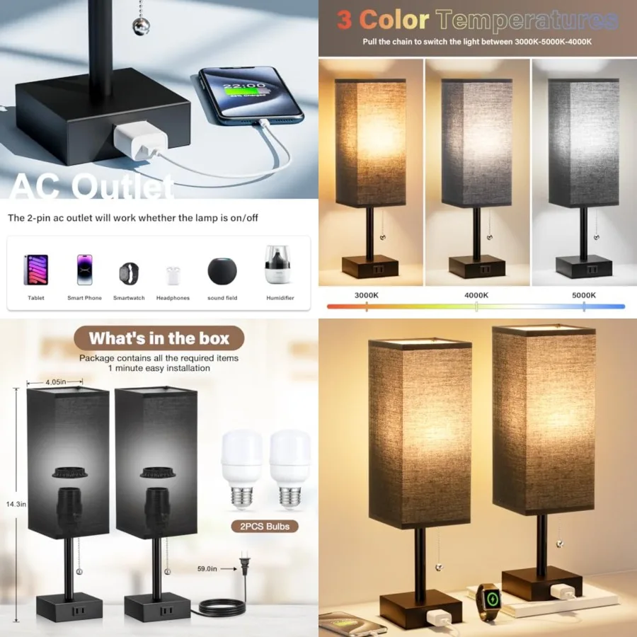 

Table Lamps for Bedroom Set of 2 - Nightstand Lamp with AC Outlet Charging Port, 3 Color Temperatures Desk Light with Bulb, Sma