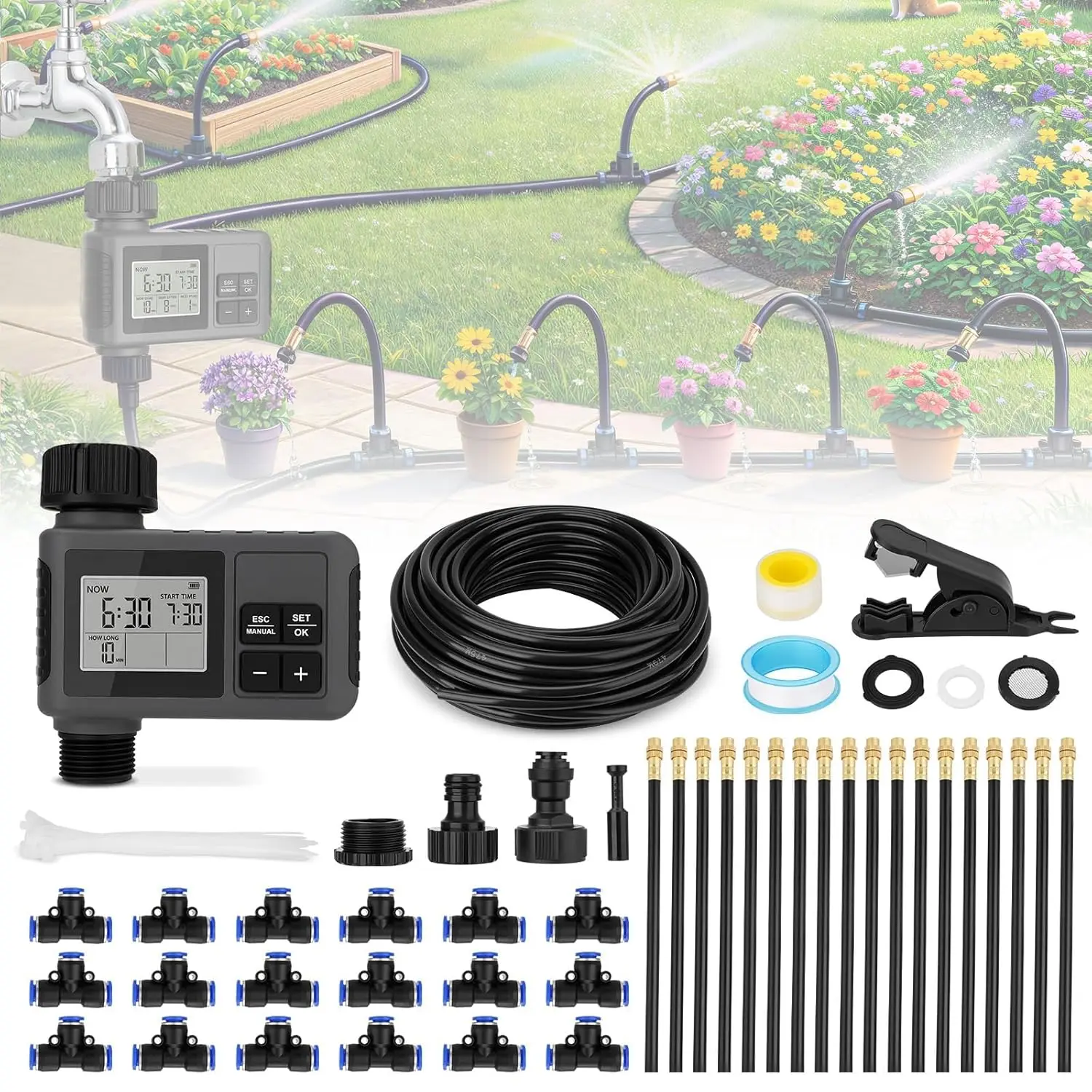 

66FT Drip Irrigation Kit with Timer, Automatic Garden Watering System for Greenhouse, Yard & Plants