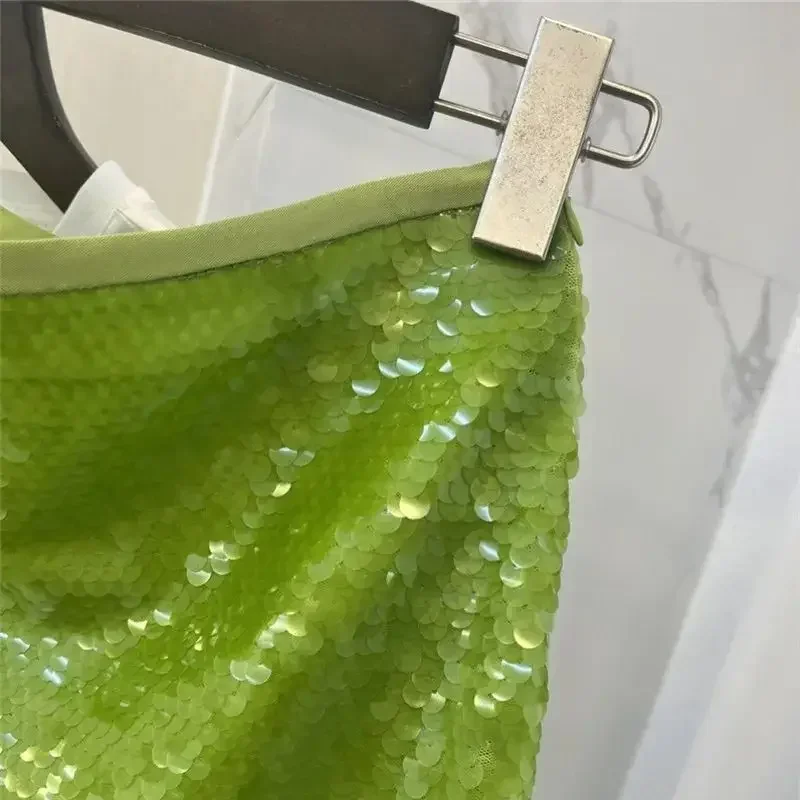 Mini vestido de malha com zíper de lantejoulas feminino, Verde, Luxo, All-in, Festa, Verão, Novo