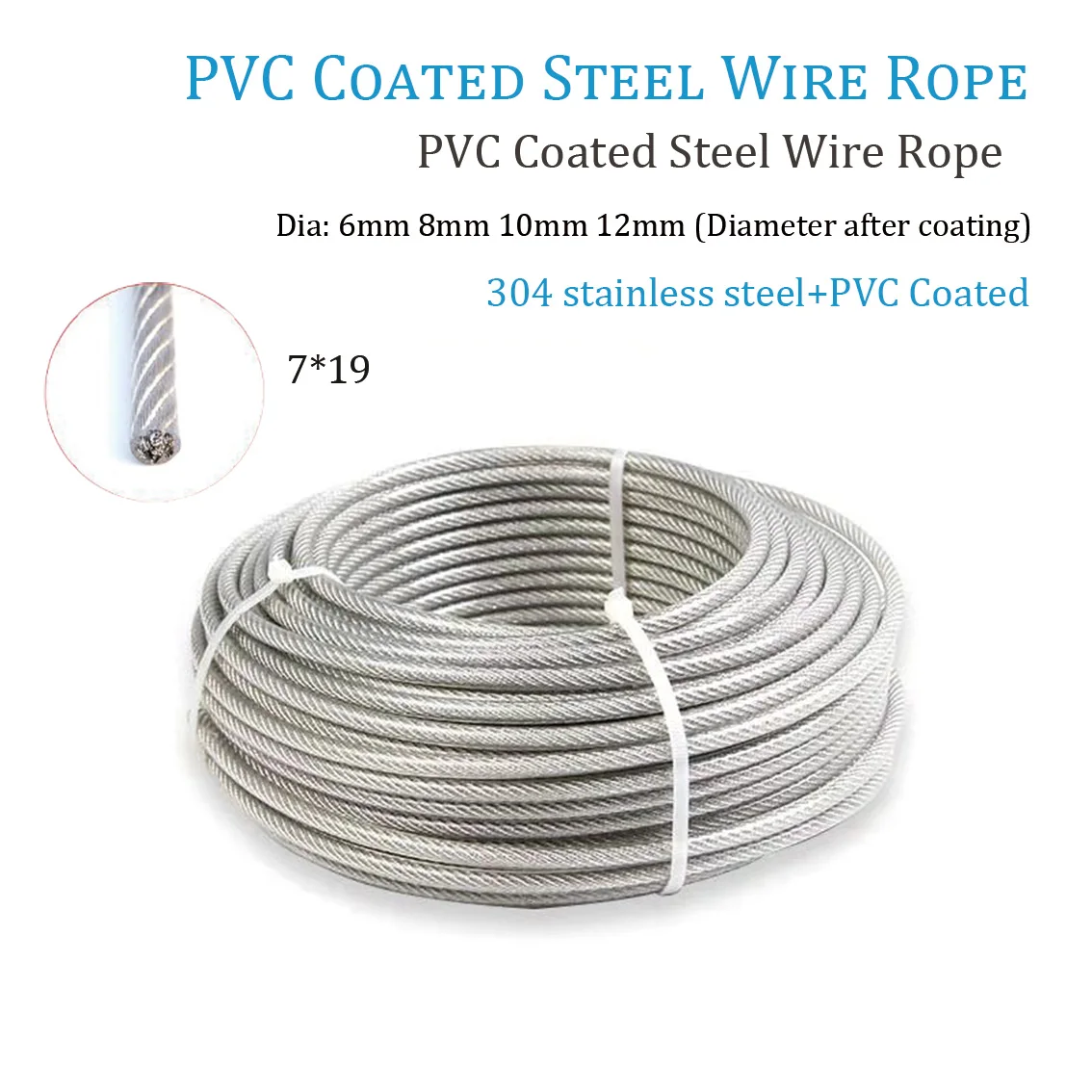 1M 6/8/10/12mm 7*9 Structure 304 Stainless Steel Cable Rope Garden Wire Cable Balcony Railing Farm Fence Tent Roll PVC Coated