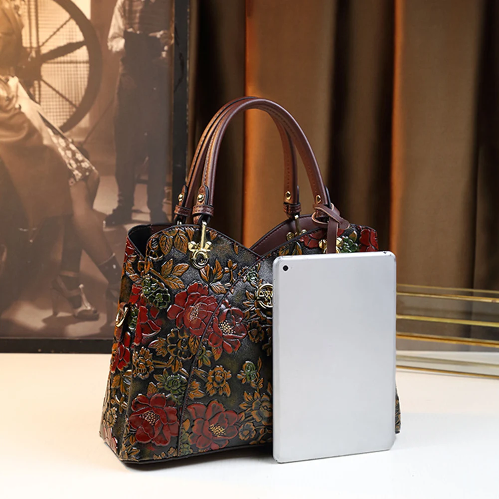 

Женская кожаная сумка с цветочным принтом для мамы среднего возраста, резная сумка на молнии в стиле ретро, большая вместительная сумка с верхней ручкой, сумка-саквояж