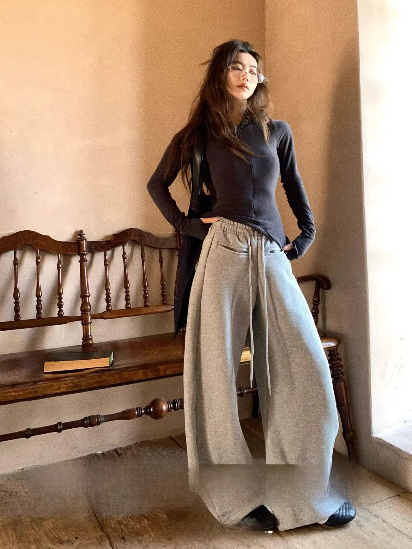 

Loose Straight Leg Casual Pants Women's Air Layer Slimming Walking Pants Asymmetrical High Waist Long Cotton Polyester