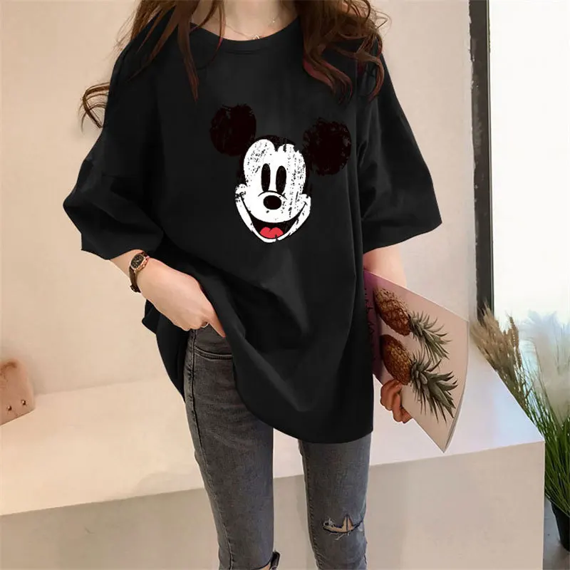 T-shirt Women\'s Plus Size Cartoon Mickey Mouse Print Short-Sleeved Summer Loose Solid Color T-Shirt Student Mid-Length Thin Top