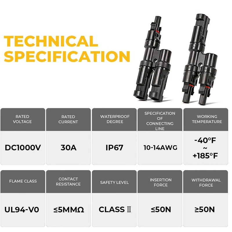 XIONGISOLAR  Solar Y Branch 2 to 1 DC Connectors PV IP67 Connector in Pair for Parallel Connection Between Solar Panels FMM+MFF