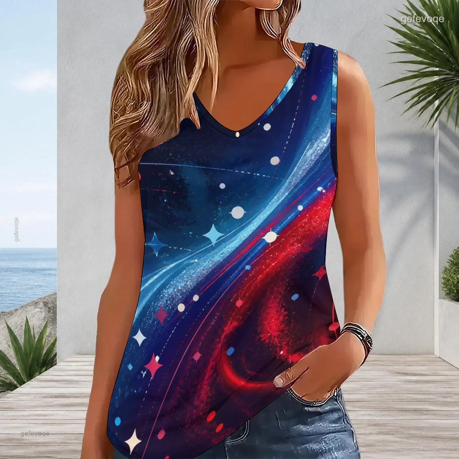 Women V Neck Sleeveless Tank Top Contrast Trim Loose Fit Casual Vest Custom Print Ladies Daily Summer Tops