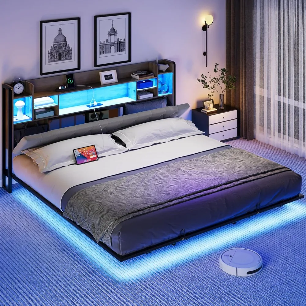 LED King Size Floating Bed Frame, Upholstered Platform, Headboard Storage and Charging Station, No Box Spring Needed