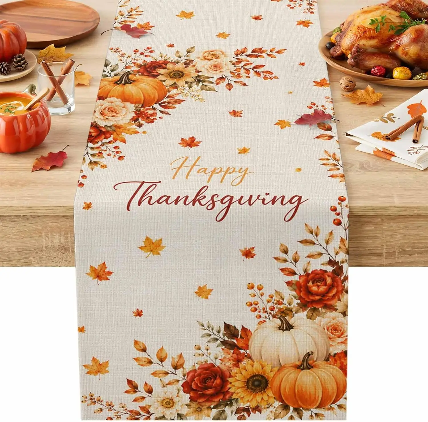 Fall Pumpkin Sunflower Maple Leaves Linen Table Runner Party Decor Reusable Kitchen Dining Table Runner Autumn Decorations