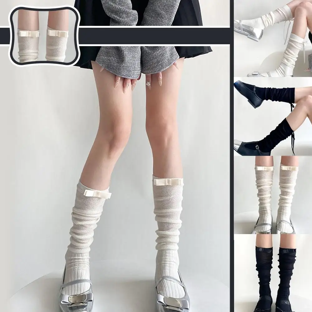 Joelho Alto Lolita Long Socks com Bowknot, Sheer, Médio, Renda, Tubo, Ballet, Estilo de Meias, Malha, Branco, Preto, S, E5B8