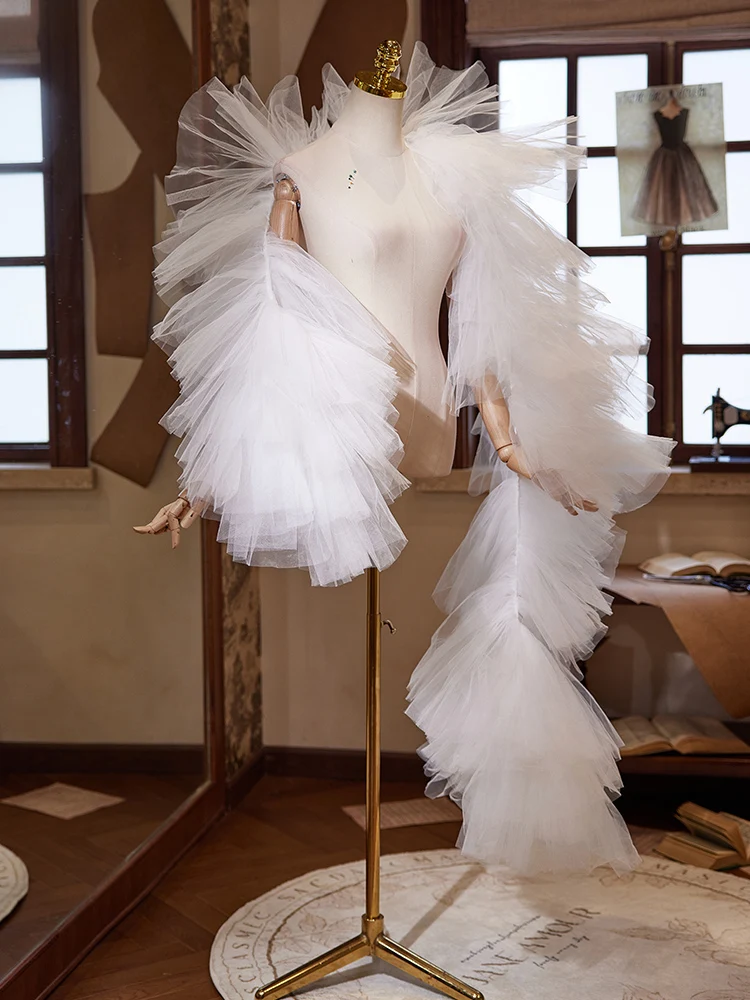 

White Shawl Handmade DIY Host Evening Dress Mesh Outer Wear Art Test Performance Costume Ornaments Photography
