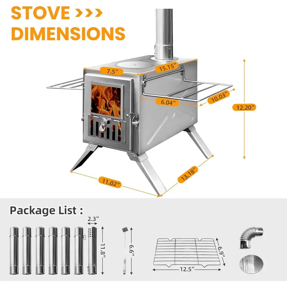 Holzofen, tragbarer Campingkocher mit Kaminrohren, Frontfenster, Seitenständer, Mini-Holzofen für Außenzelt, Kookout, Tr