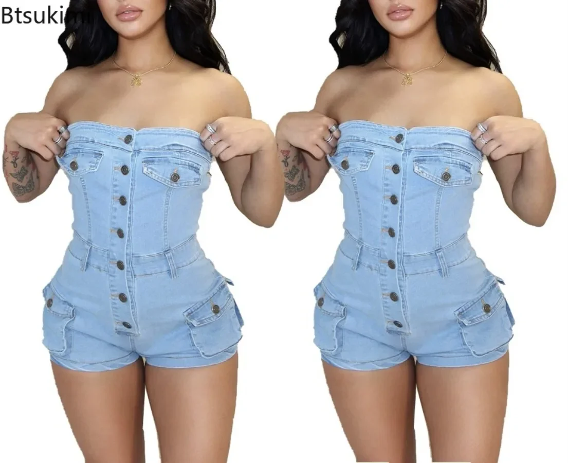 Summer Sexy Y2K Streetwear Women\'s Tube Strapless Denim Jumpsuit Single Breasted Multi Pocket Bodycon Rompers One Piece Overalls