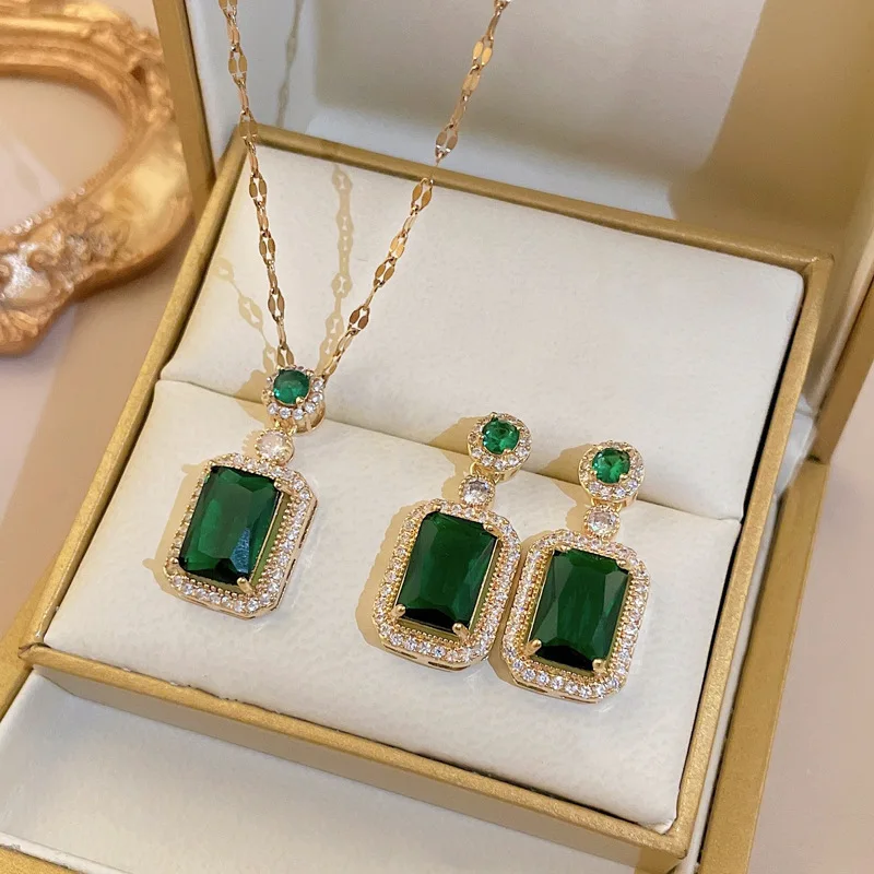 Rhinestone Pendant Necklace Stud Earrings Set Cubic Zirconia Green JewelryRed Jewelry Sets Daily Accessories Gift inANiche Style