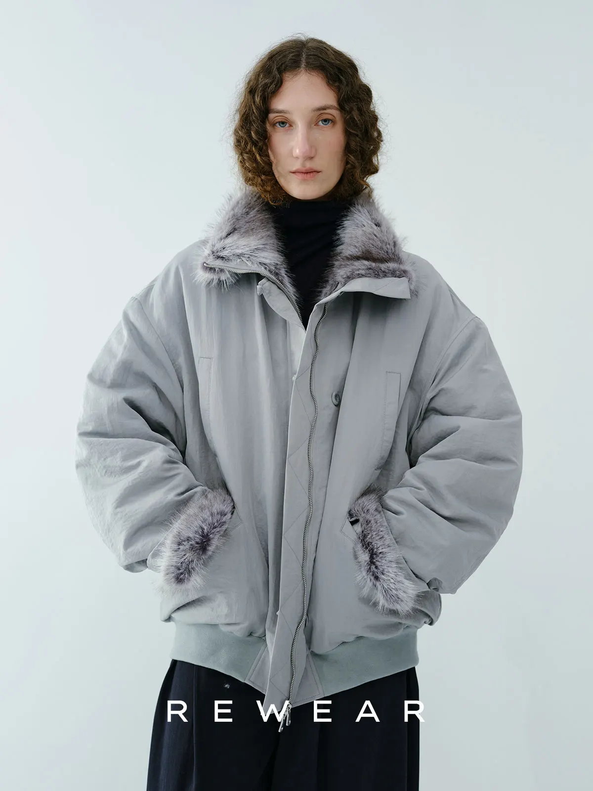 

REWEAR Stand Fit Pilot Jaet Women's Long Coat Fur Lined Windproof Warm Micro on Sle Commute Faion Nylon