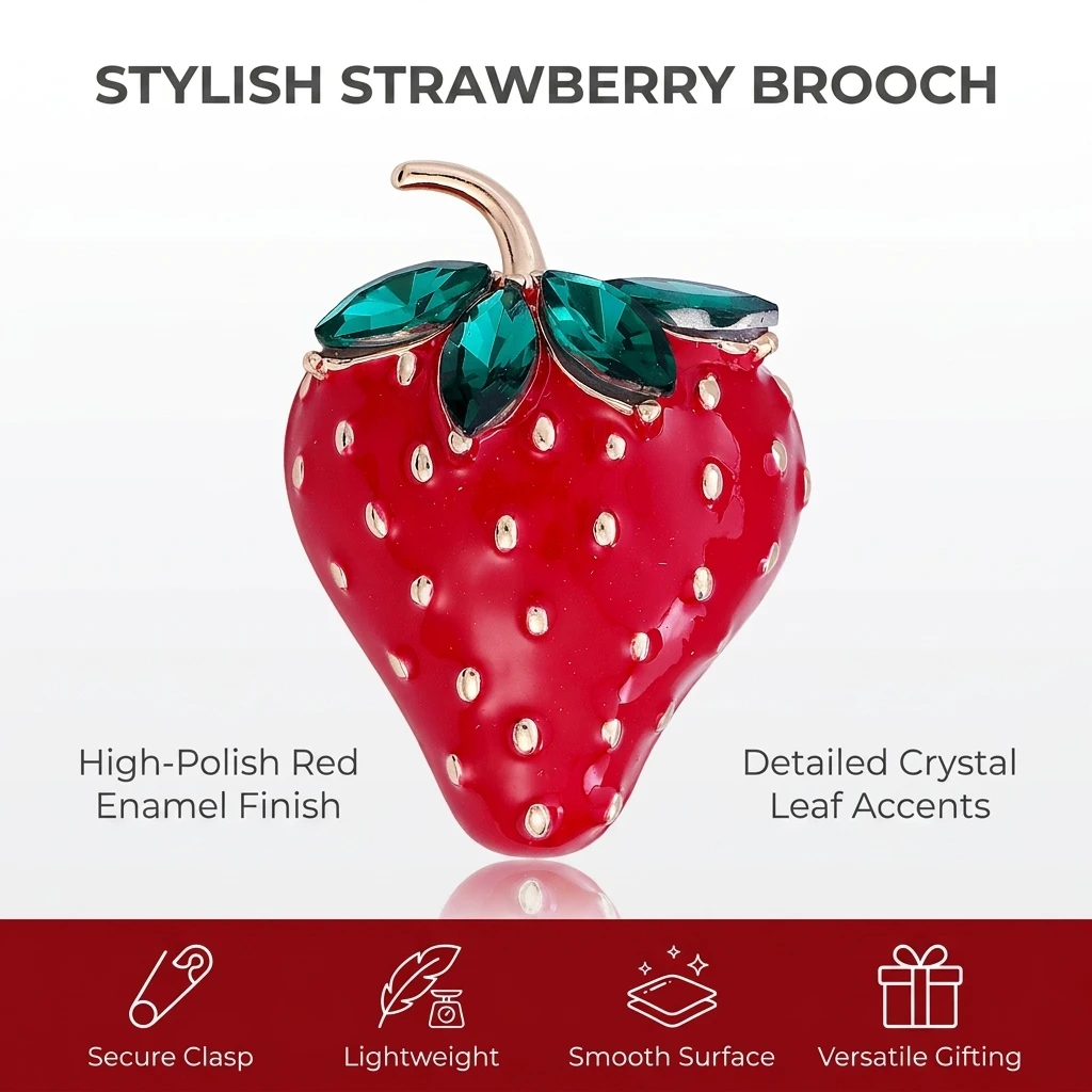 Strawberry Brooch Polished Alloy Fruit Pin Lapel Jewelry Secure Locking Badge for Spring Outing Party Gifts Women Teens