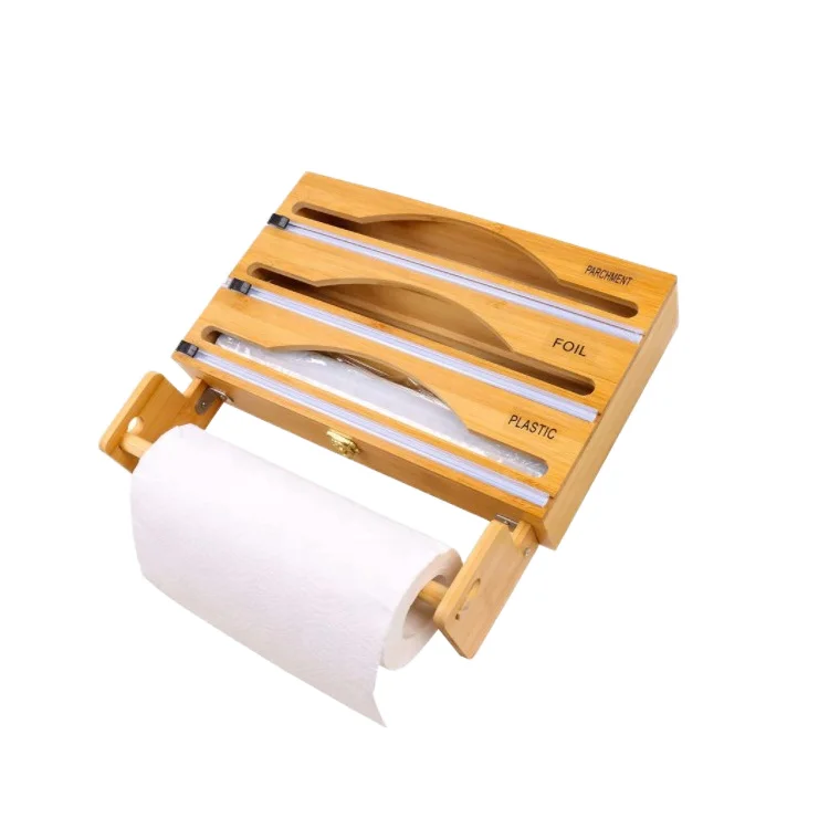 

Modern Bamboo Roll Wrap Dispenser for Kitchen Rectangle Wood Dispenser with Cutter Labels and Lacquer Finish Storage Solution