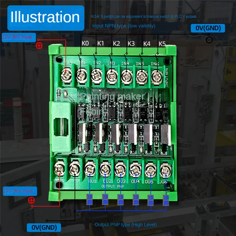 6-kanaals PLC-versterkerkaart Isolatiebord Npn in Pnp uit met modulerek PLC-beschermingskaart