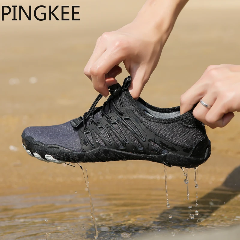 PINGKEE Quick Drainage Lining Air Mesh Upper Men Shed Dry Water Lace Lock Barefoot Nonabsorbent Beach Aqua Swimming Hiking Shoes