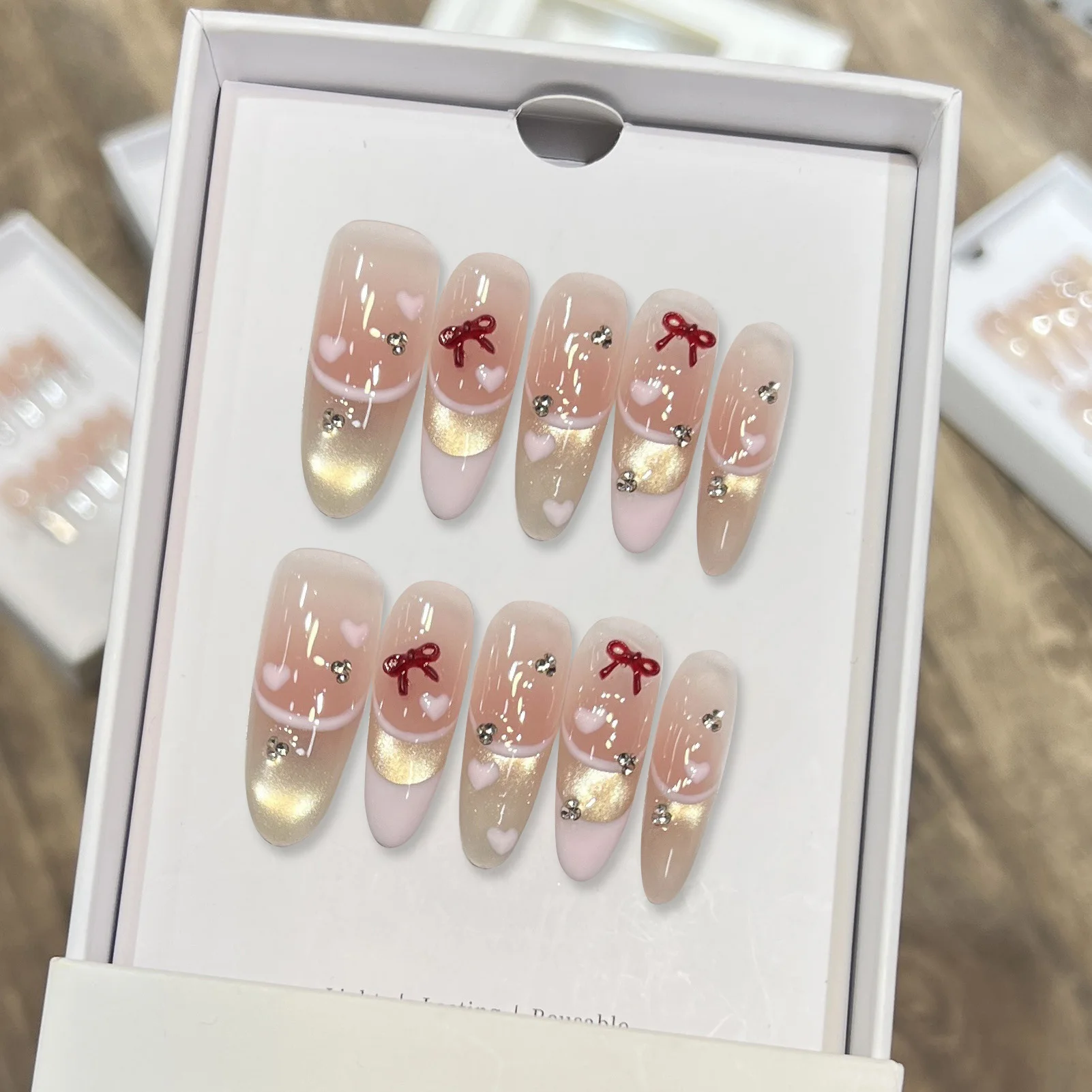 10 Uds. De uñas postizas francesas con lazo, diamantes de imitación, diseños de corazón rosa, gradiente de ojo de gato, uñas postizas ovaladas brillantes para mujer