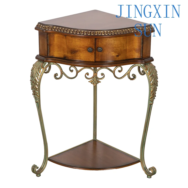 American Retro Solid Wood Triangular Edge French Rural Corner Flower Stand for Living Room Sofa Coffee Table Geometric
