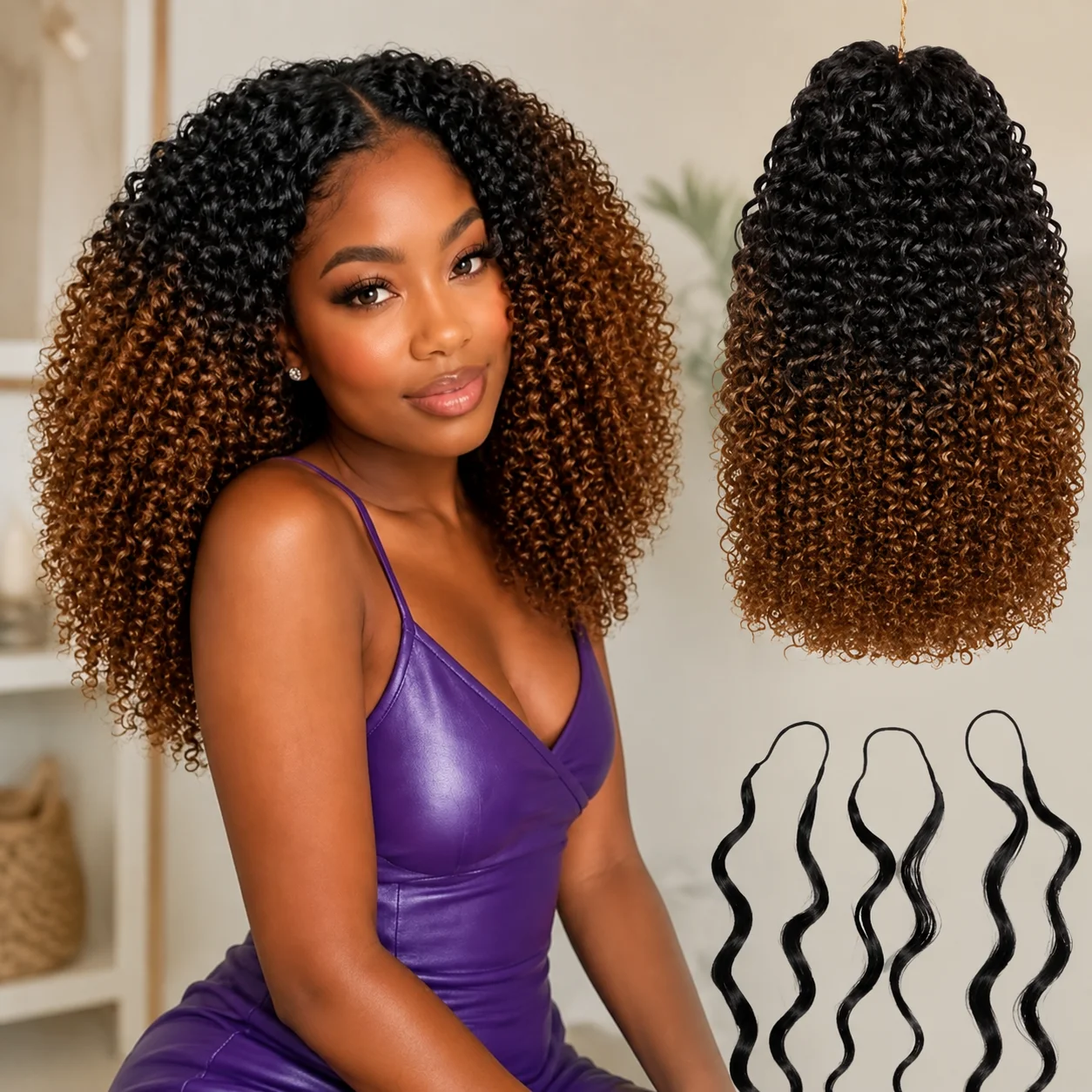T1B/30 Ombre Highlight Human Feather Crochet Hair Miracle Knots Invisible Knotless Pre Looped Pre Separated Deep Curly Hair Extensions Natural Brown Boho Braiding Human Hair For Elegant Women