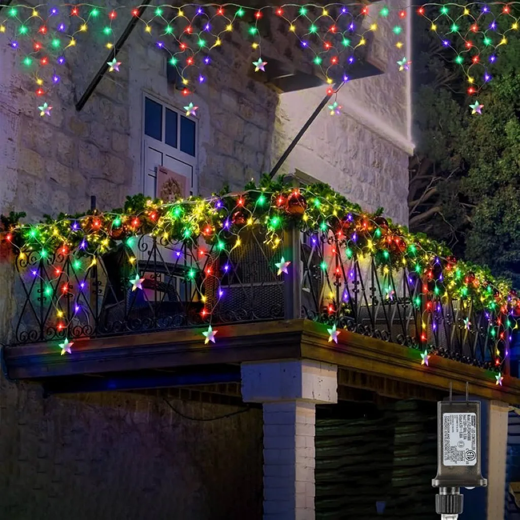 Solar Net Lights Outdoor Curtain Fairy LED String with Hanging Stars for Wedding Party Holiday Christmas Decor