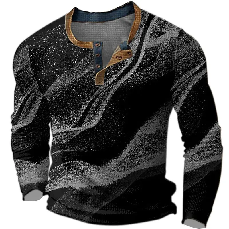 Color Block Henley Shirts Gradient 3D Print Streetwear Men\'s Fashion Button-Down Long Sleeve T Shirt Man Male Tees Tops Clothing
