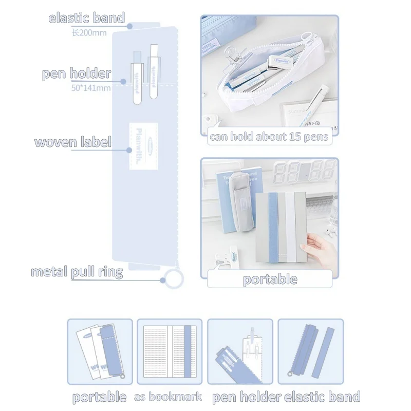 ノートパソコン用伸縮性バンドペンホルダー、大容量ペンケース、キャンバスペンバッグ、ペンスロット付き文房具ジッパーバッグ、学校/オフィス用