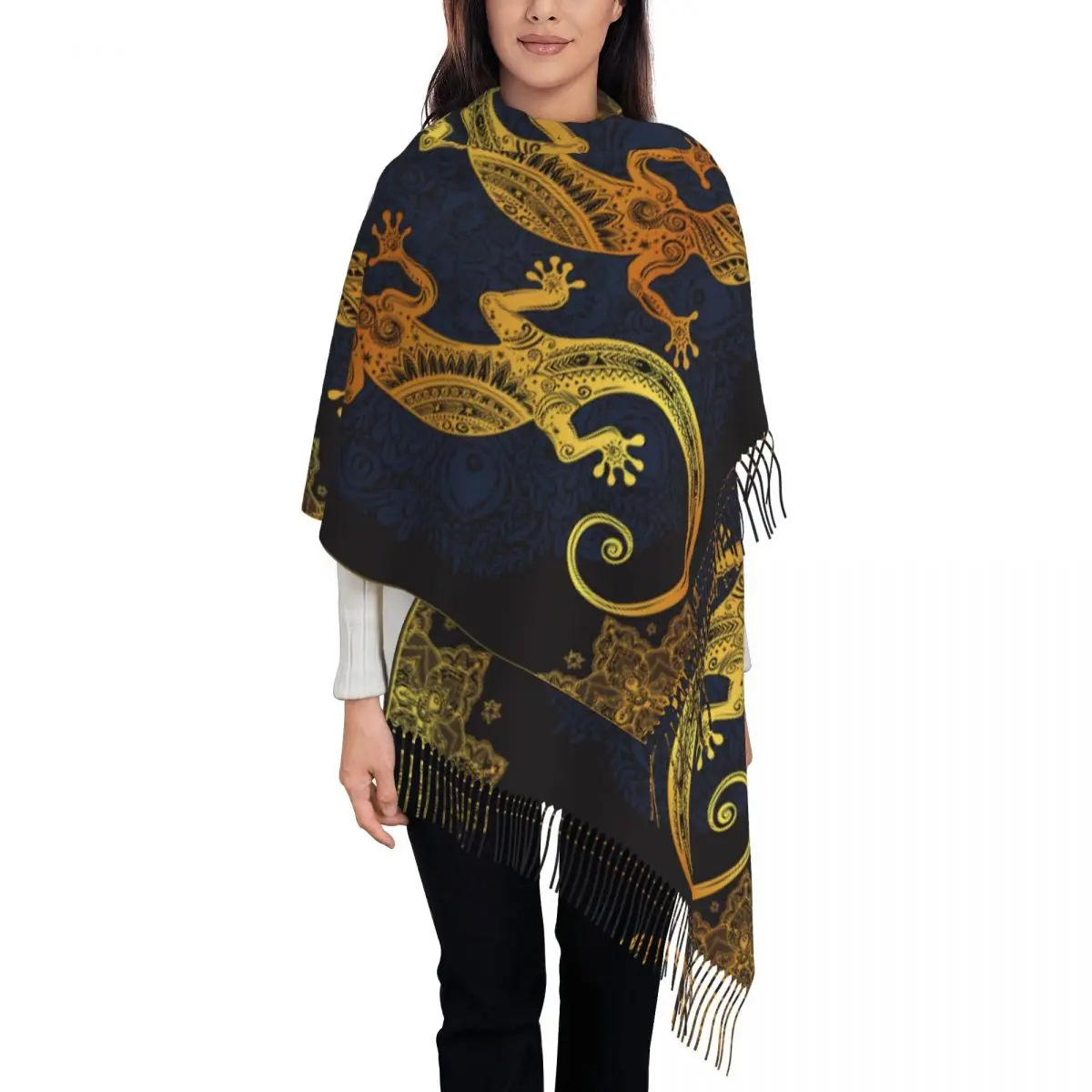 Custom Gecko Lizards Tassel Scarf Women Soft Boho Style Shawls Wraps Ladies Winter Fall Scarves