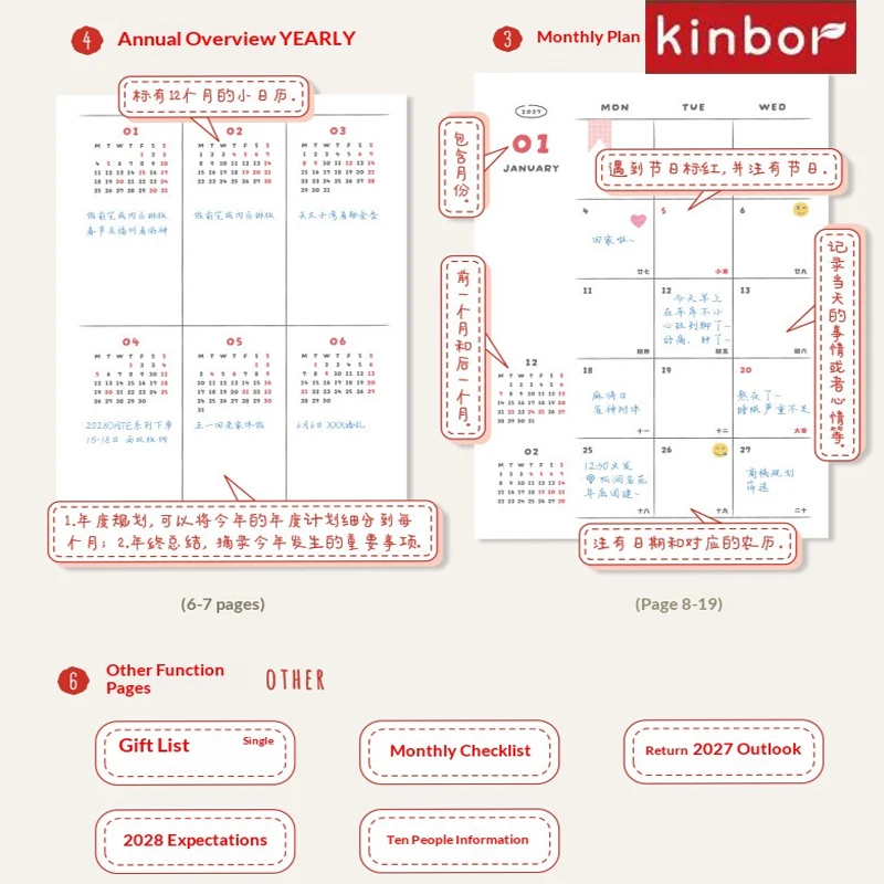Kinbor 2027 B6 Tygodniowy Planer z Okładką z PVC, Uroczy Ilustrowany Notatnik z Agendą, Miesięczny i Dzienny Harmonogram, Biurowy Dziennik, Artykuły Papiernicze — zdjęcie produktu 6