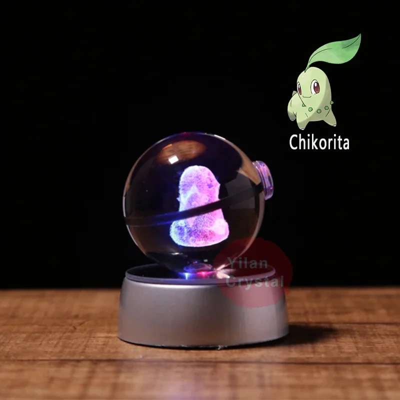 Pokemon Anime Figure Models Pokeball Clear 3D Engraving Chikorita Crystal Ball with LED Light