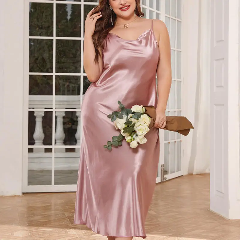 Long Nightgown Oversize 3Xl 4Xl 5Xl Sleepwear Lady Satin Home Dressing Gown Spaghetti Strap Loose Lingerie Lace Trim Nightwear