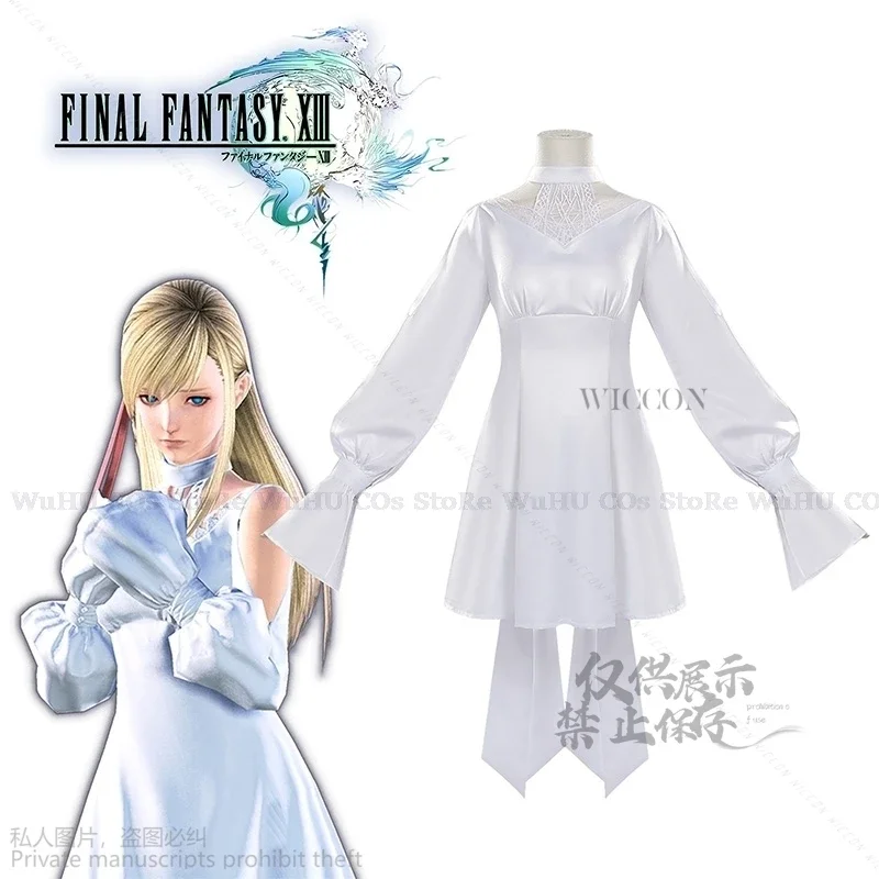 Juego de Anime FF14 Ryne Lolita Minfilia, disfraz de Cosplay blanco, bonito vestido de encaje, peluca de juego de rol, pelo largo y liso, fiesta de Navidad para mujer