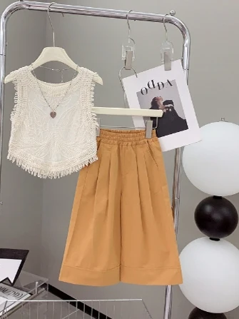 

Пляжная одежда для девочек, летняя одежда, широкие брюки, верхний комплект, детский ансамбль Faion, хлопковый круглый комплект Ne ort Sve