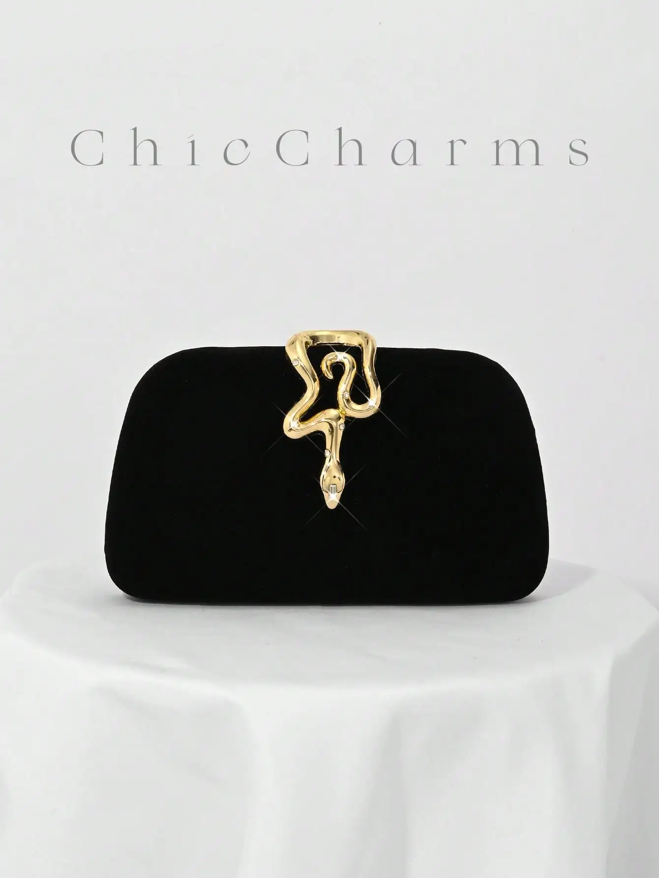

Black Velvet Mini Clutch with Gold Snake-Style Rhinestone Clasp for Evening Events