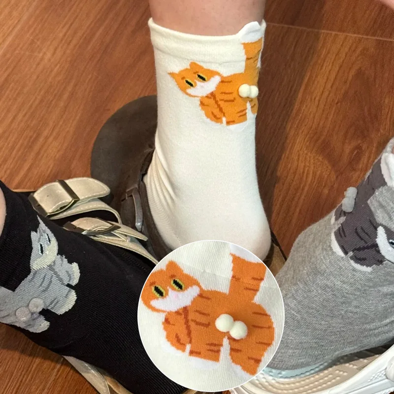 1/2Pairs New Cartoon Cute 3D Cat Butt Mid-Tube Socks Cotton Casual Socks Funny Cat Egg Floor Sock for Women Girls Couple Gifts
