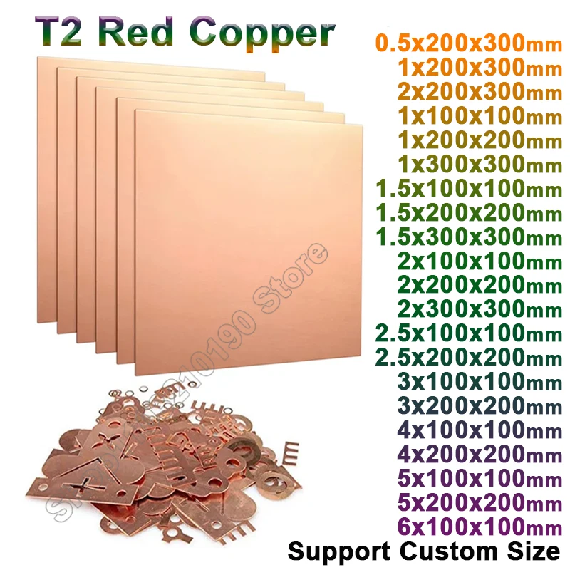 Support Custom Size Thickness 0.5-55mm T2 Red Copper Sheet Plate Cutting CNC Frame Model Mould DIY Contruction Pad L=50-500mm