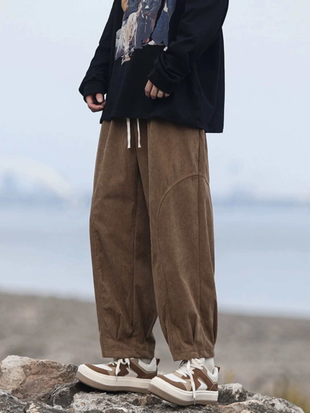 

Мужские вельветовые брюки прямого кроя свободного силуэта, весенние, в стиле ретро, Харадзюку, с отворотами, укороченные, повседневные, модные, в стиле Харадзюку