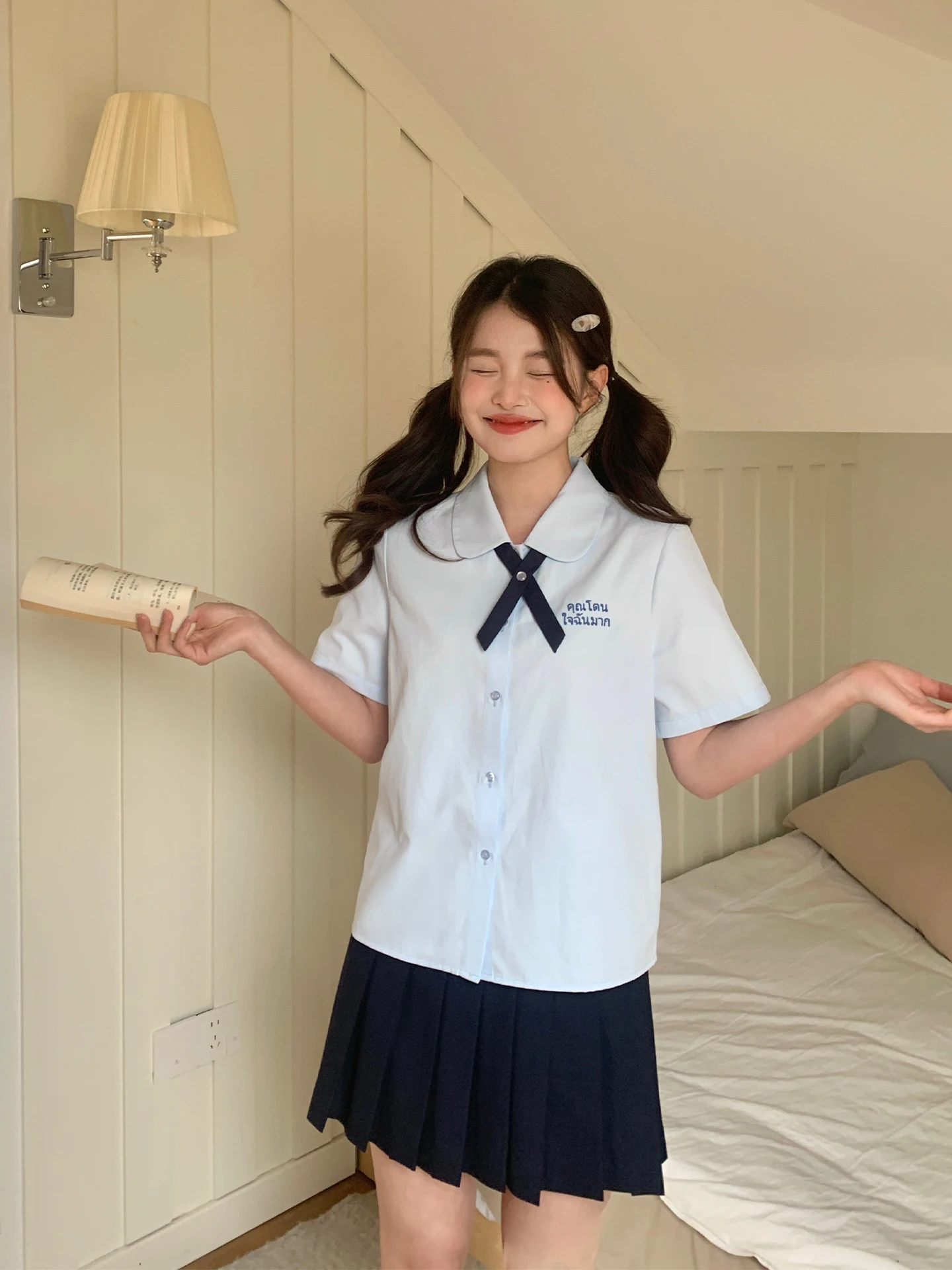 

Tokyo Annual Record JK Thai Style Short Sleeve Uniform Shirt Blue Female College Wind Top Breathable Skin-Friendly Polyester ...