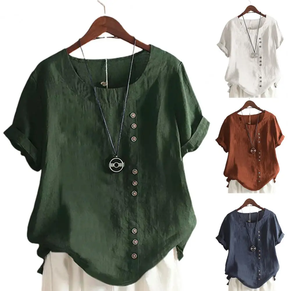 2023 Summer Casual Linen Cotton Blouse Women Elegant Button Short Sleeve Shirt Plus Size Tanic Boho Tops and Blouses Streetwear