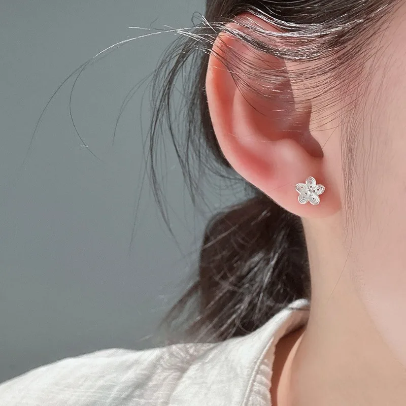 TrustDavis Real 925 Sterling Silver Fashion and Elegant Hollow Woven Flower Earrings for Women Daily Wear Jewelry Gift DS4964 view 3